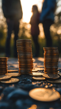 Several stacks of coins are arranged neatly on a wooden table, while two people engage in conversation in the background at a casual setting during the day.の素材
