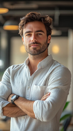 A man stands confidently with arms crossed in a contemporary office space filled with natural light. His casual attire and friendly expression create a welcoming atmosphere.の素材