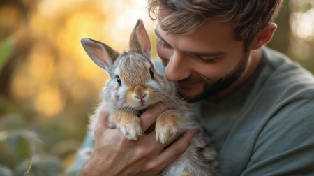 A man sits among colorful autumn leaves, engaging with two rabbits. The environment is serene, filled with fall hues, creating a warm and joyful atmosphere.の素材