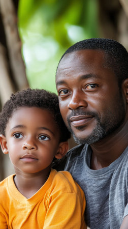 A father and his young son share a calm moment under natural light, surrounded by greenery. The son looks thoughtful while the father smiles gently, showcasing their bond.の素材