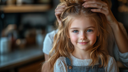 A mother and her young daughter embrace each other warmly, both smiling brightly in a cozy indoor environment, radiating love and happiness.の素材