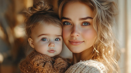 A mother gazes warmly at the camera while holding her baby. The child has big expressive eyes, and both are dressed in soft, cozy sweaters. The background is inviting and softly lit.の素材