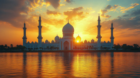 A breathtaking sunset illuminates a grand mosque with intricate architecture, surrounded by towering minarets and a serene atmosphere. The sky is filled with warm colors.の素材