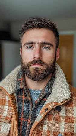 A man with a beard smiles while wearing a warm jacket, set against a backdrop of misty mountains in the early morning. The atmosphere is calm and serene, showcasing nature's beauty.の素材