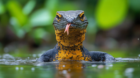 A komodo dragon swims gracefully in shallow waters, showing its powerful limbs and unique texture while foraging for food. The scene highlights vibrant natural surroundings.の素材