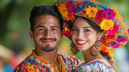 A dancer adorned in colorful traditional attire performs joyfully at a lively cultural festival. The atmosphere is filled with music, laughter, and vibrant decorations.の素材