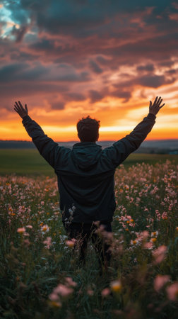 A person stands in a colorful field with arms raised towards the sunset, embracing the beauty of nature under a vibrant sky filled with clouds.の素材