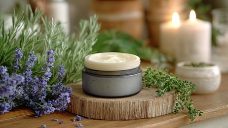 Various herbal skincare products are displayed among fresh herbs, showing natural ingredients on a dark stone surface in a serene setting.の素材