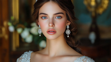 A woman with curly hair and glowing skin poses gracefully in a vibrant outdoor setting, adorned with sparkling earrings. Her expression exudes confidence and charm.の素材