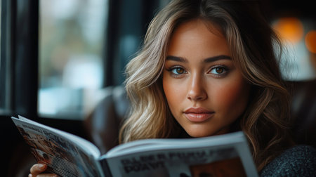 A young woman reads a magazine with focused interest while seated in a warm and inviting caf. The soft light creates a calming atmosphere for her quiet moment.の素材
