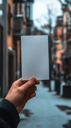 A person holds a blank card, surrounded by a lively street atmosphere at dusk. Soft, warm lights glow in the background, creating a cozy ambiance.の素材