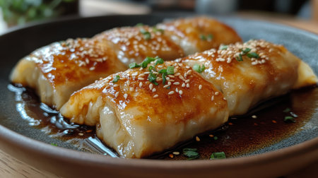 Succulent grilled chicken tenders are presented on a plate, glazed with a rich sauce and sprinkled with sesame seeds, perfectly garnished with fresh herbs and greens.の素材