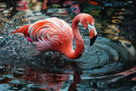 A flamingo gracefully splashes in the water, creating beautiful ripples. The scene is vibrant, with colorful reflections reflecting the lush surroundings and soft sunlight.の素材