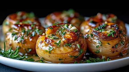 Freshly cooked garlic snails are served in a traditional dish, topped with herbs and butter, showing culinary skills in a fine dining setting.の素材