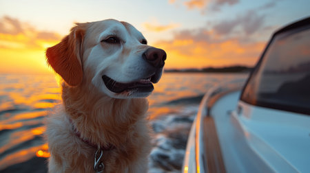 A golden retriever happily sits at the edge of a boat, gazing at the sunset over a tranquil lake. The warm colors reflect off the water, creating a peaceful atmosphere.の素材