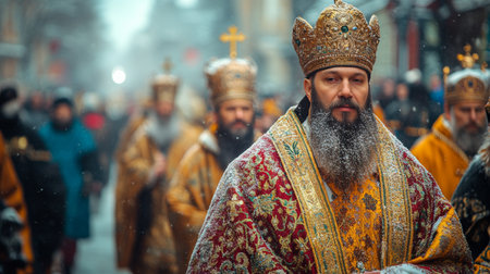 A large crowd gathers for a procession featuring ornate religious icons.の素材
