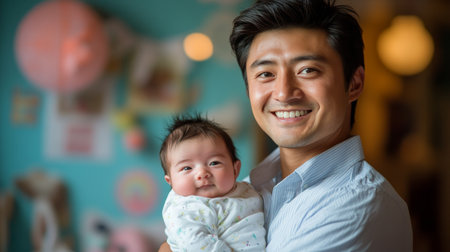 A father lovingly holds his newborn baby close while snuggled under a blanket in a warm, inviting room filled with soft morning light and plants.の素材