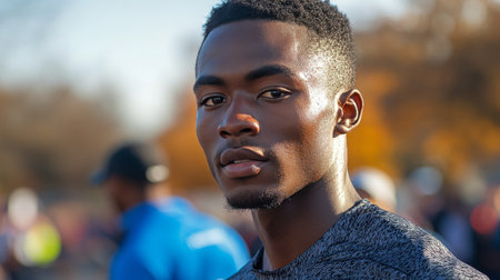 A determined young athlete prepares for competition, showcasing concentration and readiness in a vibrant outdoor setting filled with autumn colors.の素材