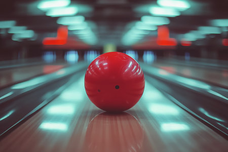 A bright red bowling ball rolls smoothly down the polished lane, approaching the pins in a lively bowling alley lit by colorful neon lights. Excitement fills the air.の素材