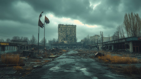 A sunset illuminates a ruined city with collapsed structures and scattered debris. Flags wave gently as shadows stretch across the desolate street, marking a somber mood.の素材