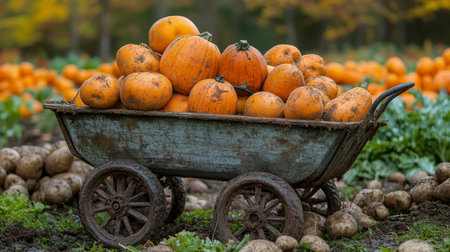 A wooden cart filled with freshly harvested potatoes and carrots sits on a farm's soil, surrounded by green produce and fall foliage, showing the bounty of the season.の素材