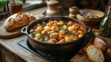 A rustic kitchen filled with warm natural light showcases a baked dish and freshly made bread on a wooden counter. Herbs and fresh ingredients add charm to the scene.の素材