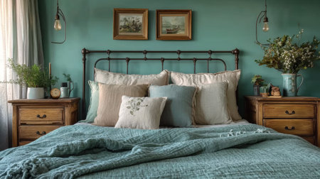 This vintage bedroom showcases a beautifully carved wooden headboard, white linens, and floral wallpaper, creating a cozy and inviting atmosphere for relaxation.の素材