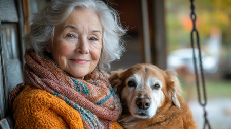 A woman with curly gray hair and glasses sits comfortably on a porch, wrapped in a cozy sweater while her dog rests beside her, enjoying a peaceful autumn afternoon.の素材