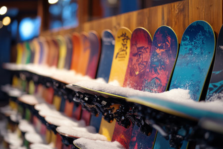 A vibrant display of various snowboards rests against a wooden wall in a rental shop. The boards, covered with a dusting of snow, showcase vivid colors and designs, ready for winter fun.の素材