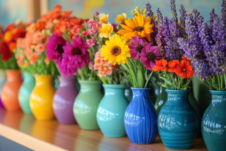 Brightly colored flowers in a variety of vibrant vases are lined up on a wooden shelf. The setting is warm and inviting, showcasing a cheerful atmosphere.の素材
