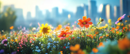 Vibrant wildflowers stretch across a grassy field with a city skyline visible in the distance. The warm glow of the setting sun creates a serene atmosphere, highlighting the beauty of nature.の素材