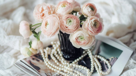 A beautiful display of soft pink ranunculus flowers arranged in an elegant black vase rests on top of fashion magazines surrounded by strands of pearls, creating a delicate atmosphere.の素材