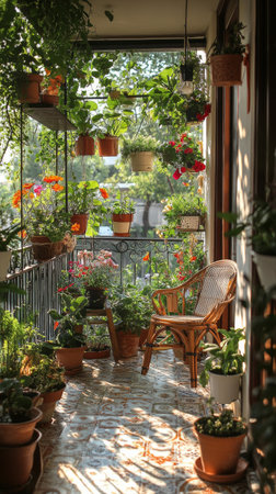 A charming balcony filled with various potted plants, showcasing a wooden chair against a backdrop of warm autumn colors. The setting invites relaxation and tranquility.の素材