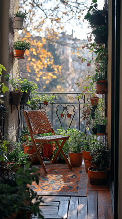 A charming balcony filled with various potted plants, showcasing a wooden chair against a backdrop of warm autumn colors. The setting invites relaxation and tranquility.の素材