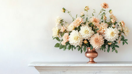 Beautiful dahlias in soft pink and white colors arranged in a shiny copper vase sit on a marble shelf. The neutral wall enhances the floral displays elegance and freshness.の素材