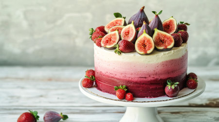 A beautifully decorated cake features multiple layers with pink and white frosting, adorned with fresh figs and strawberries. The rustic background adds charm.の素材