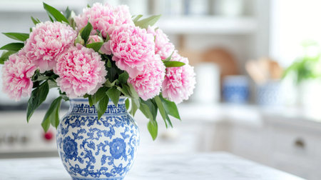 A bouquet of vibrant pink peonies is placed in a decorative blue and white vase atop a kitchen counter. The soft light enhances the flowers beauty in this inviting space.の素材