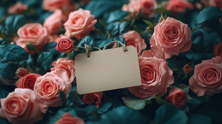 A stunning bouquet of pink roses is artistically arranged on a rustic wooden table. A blank tag hangs from the flowers, perfect for heartfelt messages or notes.の素材