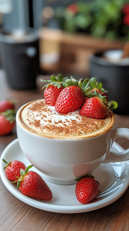 A vibrant cup of coffee adorned with frothy patterns and fresh strawberries sits on a saucer. Bright strawberries surround the cup, creating a delightful breakfast setting.の素材