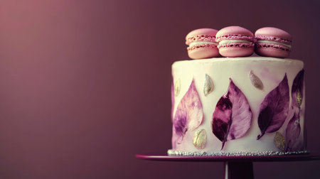 A stunning cake decorated with intricate purple leaf designs and topped with three macarons sits elegantly on a stand against a soft purple backdrop, perfect for celebrations.の素材