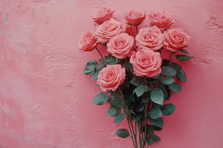 A cluster of soft pink roses blooms against a gentle pink backdrop, showing delicate petals and lush green leaves. This tranquil arrangement exudes a peaceful and romantic atmosphere.の素材