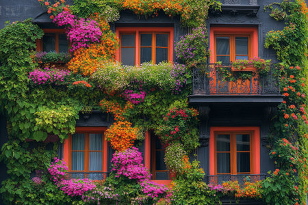 A striking building adorned with vivid flowers and greenery, showing intricate balconies and orange window frames in a lively urban setting.の素材