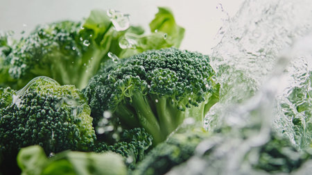 Broccoli sits prominently among lush green leaves, showing its vibrant color and texture in a well-lit environment. The arrangement highlights the freshness of the vegetables.の素材