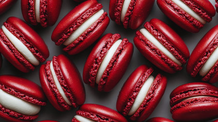 Bright red macarons with creamy filling are strategically placed on a white surface, enticing dessert lovers with their vibrant color and smooth texture, ideal for any celebration.の素材