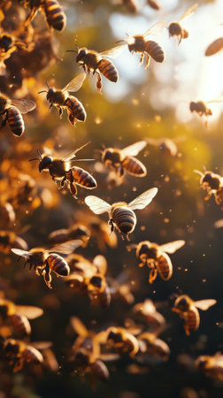 A lively swarm of bees is flying through the air, collecting nectar from blooming flowers in a vibrant garden. The sunlight highlights their fuzzy bodies as they move energetically.の素材