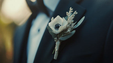 A beautifully arranged boutonniere featuring a white flower with a black center and fresh greenery is worn on formal attire. This detail adds elegance to a special event.の素材