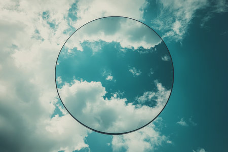 Bright circular light appears in the sky, surrounded by soft white clouds against a vibrant blue backdrop. The scene evokes a sense of wonder and tranquility.の素材