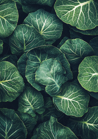 Fresh green leafy vegetables lay closely together, showing their rich textures and colors, creating a vibrant and healthy display of natures bounty.の素材