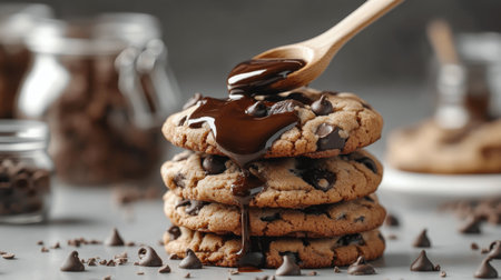 Warm chocolate chip cookies stacked high with rich melted chocolate poured on top. Scattered chocolate chips and jars of chocolate spread create a tempting dessert scene.の素材