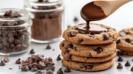 Warm chocolate chip cookies stacked high with rich melted chocolate poured on top. Scattered chocolate chips and jars of chocolate spread create a tempting dessert scene.の素材